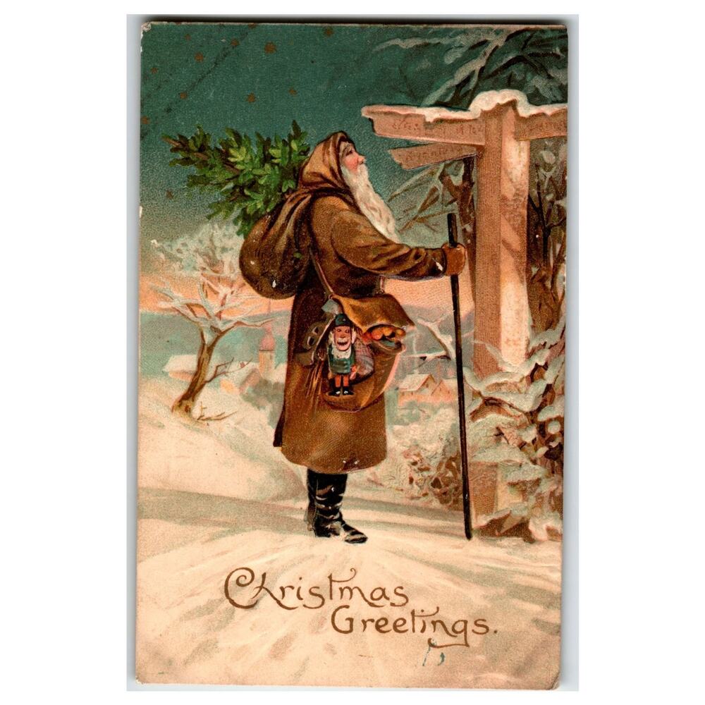 Vintage Christmas Greetings Postcard Old Man Winter Snow Scene Embossed German